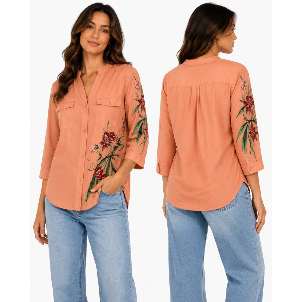 Sara Morgan Button Up Blouse Womens Large Peach Floral Hand Painted Art To Wear